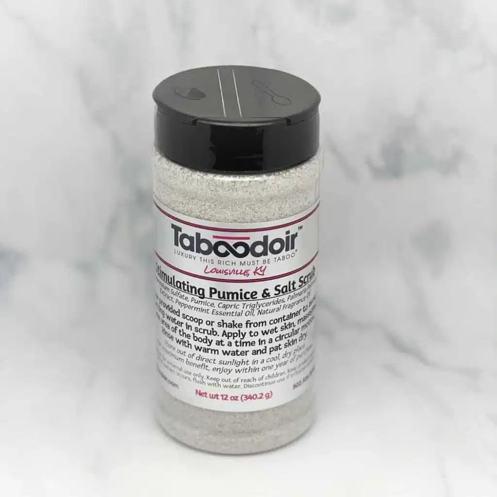 Shaker container of Taboodoir's Stimulating Pumice & Salt Polish