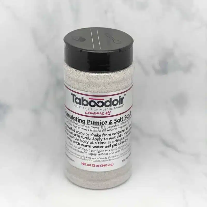Shaker container of Taboodoir's Stimulating Pumice & Salt Polish