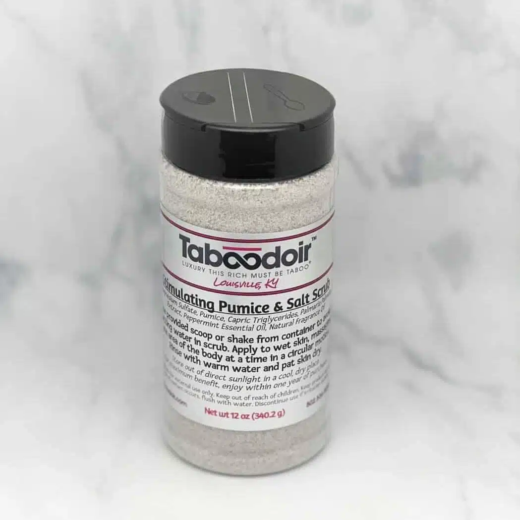 Shaker container of Taboodoir's Stimulating Pumice & Salt Polish