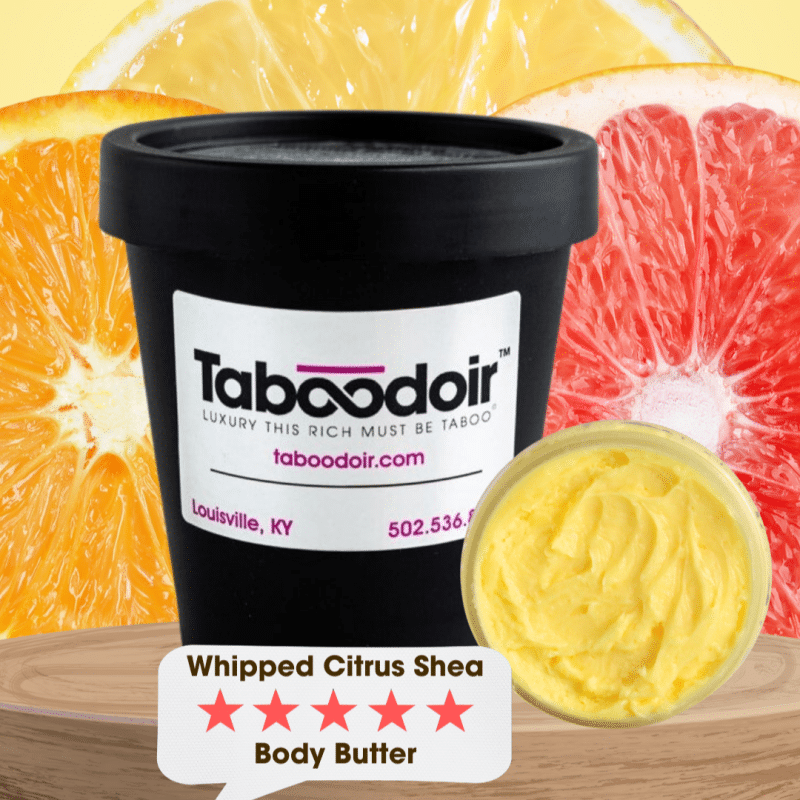 5-star rating of Whipped Citrus Shea Body Butter with an open jar showing the yellow color and creamy texture