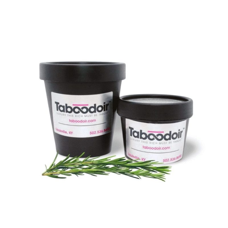 two jar sizes of rosemary body butter with a fresh sprig of rosemary