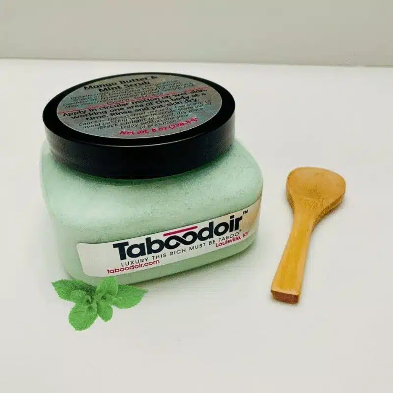 jar of Mint to Tease Body Polish with spoon and mint sprig