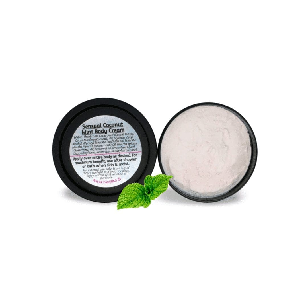 mint leaf and open jar of Coconut Caress Firming Cream